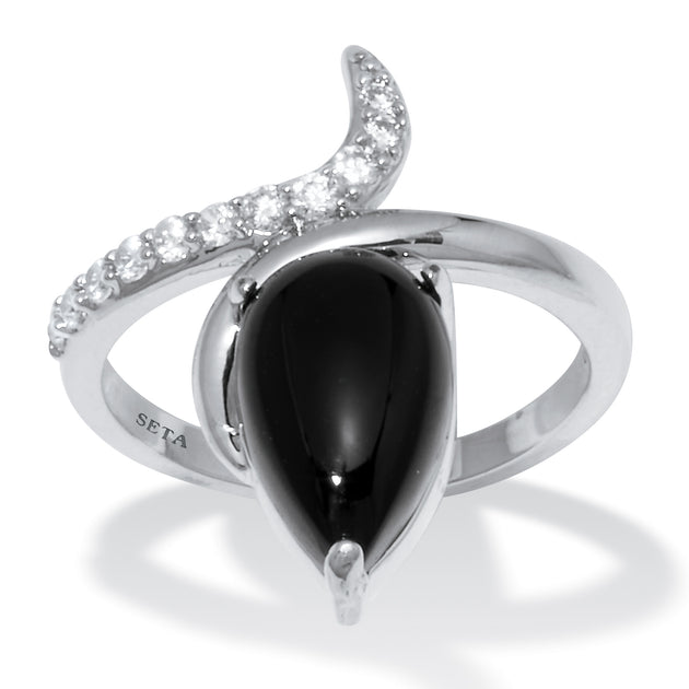 Palm Teardrop Onyx Cubic Zirconia Silvertone Ring White US 8 2