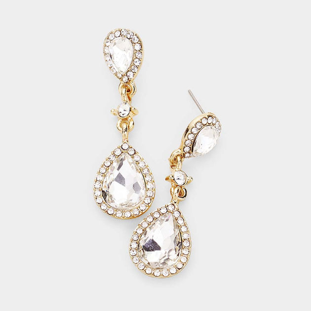FASHNZFAB Double Teardrop Stone Accented Dangle Earrings Silver 3