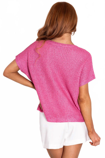 SHE + SKY Short Sleeve V-Neck Sweater Pink XLarge 4