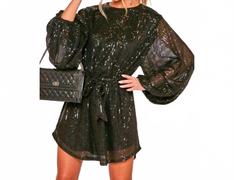 Vine & Love Shimmer Balloon Sleeve Belted Mini Dress Black Large 4