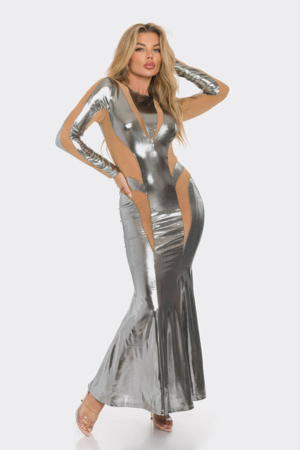 TRUEDAMES Maxikleid mit Mesh-Ausschnitten Silber Small 4