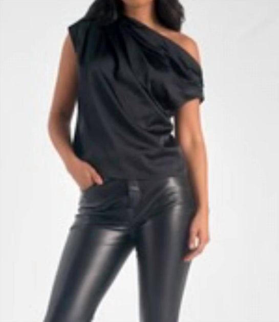 Elan Shiny Cinched Shoulder Top Black Small 2