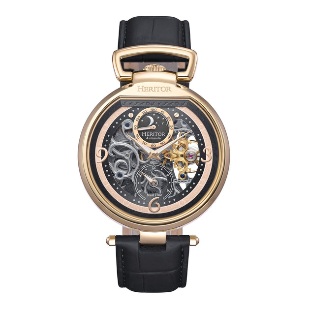 Heritor Automatic Lincoln Leather-Band Skeleton Watch with Moon