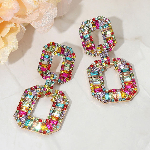 FASHNZFAB Geometric Baguette Stone Door Knocker Earrings Black 4