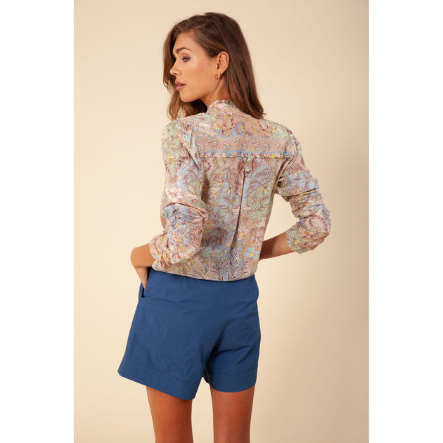 Hailey Bob Oba Solid High Waist Poplin Shorts Blue Small 4
