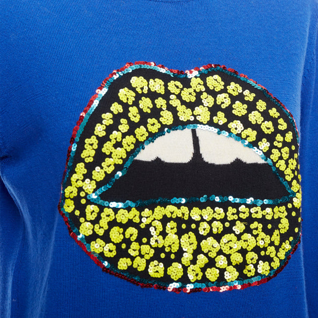 Markus Lupfer Merino Wool Sequin Lip Sweater Blue XS 3