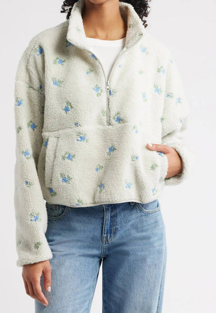 The Happy Camp3r Elle Periwinkle Petals Fleece Half Zip Pullover White XLarge 2