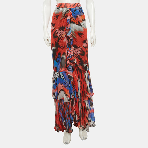 Just Cavalli Abstract Print Crepe Maxi Skirt Red Medium 3