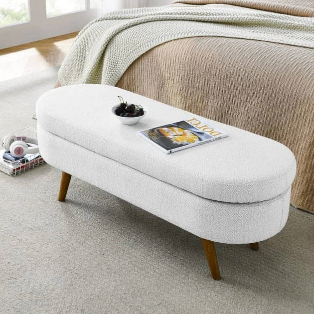 QuikFurn Mid-Century Modern Boho Style White Linen End of Bed Storage Bench | ShopSimon