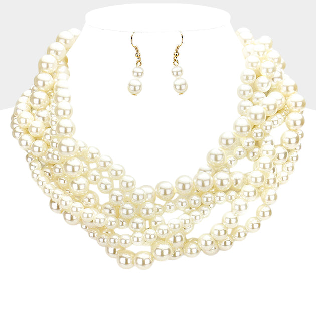 FASHNZFAB Multi Strand Pearl Bib Necklace Silver 3