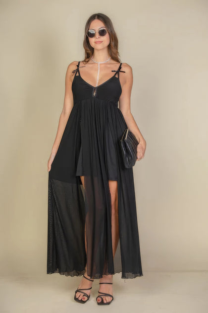 TRUEDAMES Plunge Neck Split Thigh Mesh Maxi Dress Weiß Large 2