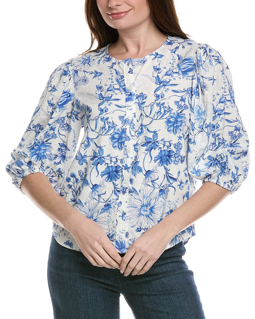Philosophy Floral Printed Linen-Blend Top Blau Medium 2