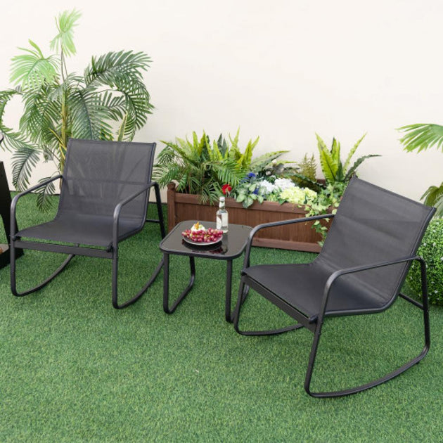 Hivvago 2 Rocking Bistro Chairs and Glass-Top Table Black 2