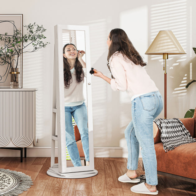Hivvago 360 Degree Swivel Lockable Jewelry Armoire Mirror White 4