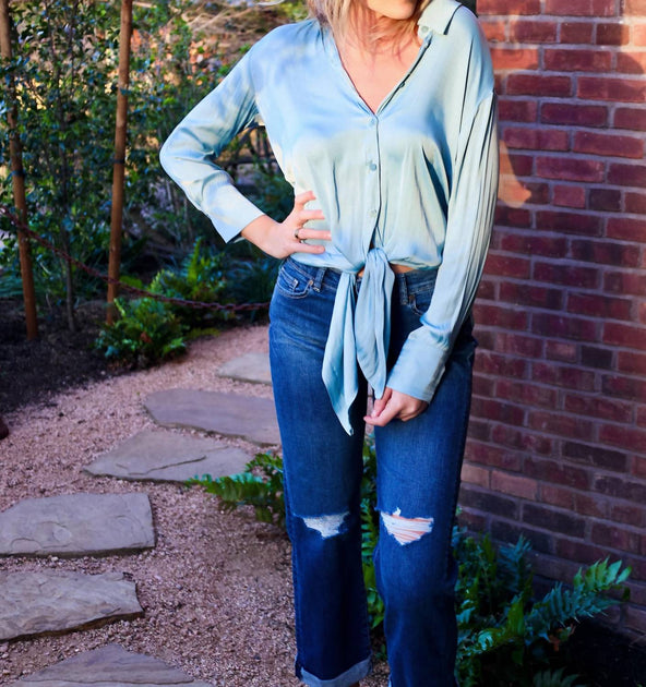 GLAM Silky Long Button Down Shirt Blue Large 3