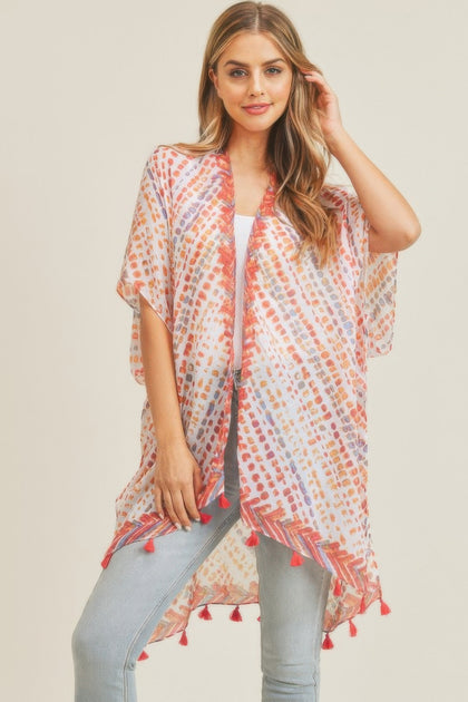 TRUEDAMES Multi Dash Pattern Tassel Kimono Beige One Size 2