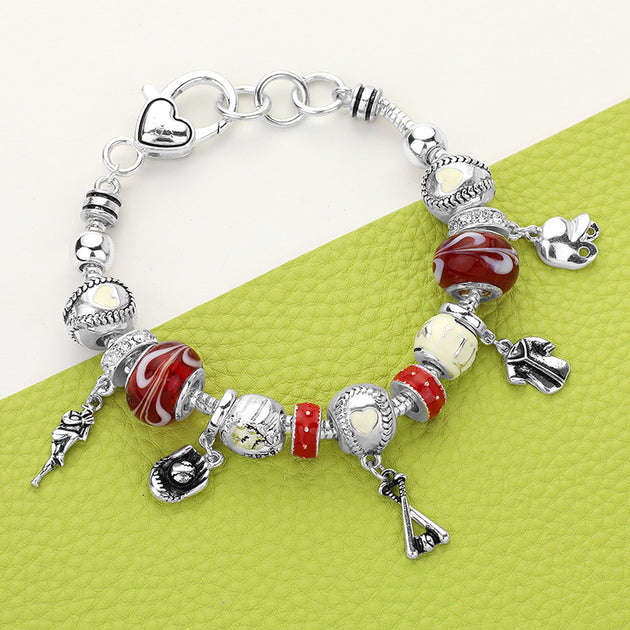 FASHNZFAB Baseball Charm Bead Bracelet Antique Silver Multi Red One Size 2