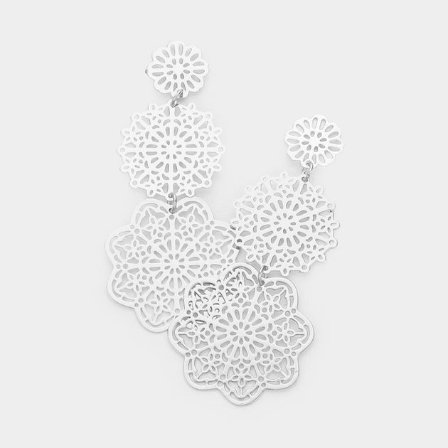 FASHNZFAB Oriental Filigree Metal Link Dangle Earrings Silver 3
