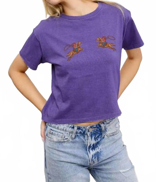 Zutter Puff Stitch Cowgirl Graphic Crop T-shirt Purple Medium 2