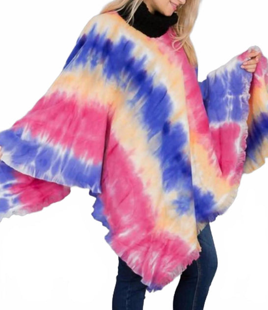 Funteze Poncho mit Fransen und Tie-Dye-Muster Pink Einheitsgröße 3