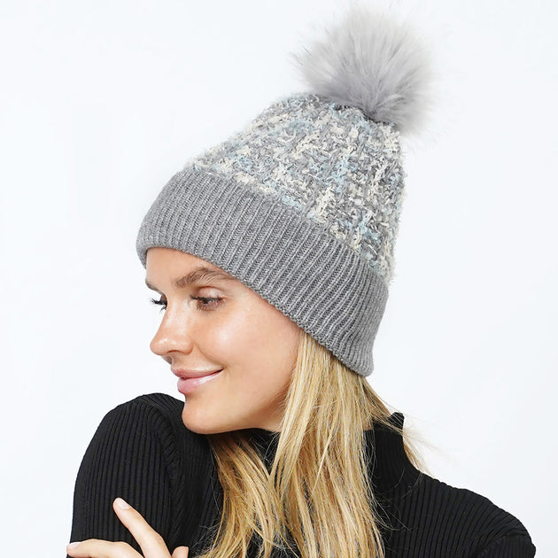 FASHNZFAB Strickmütze mit Bommel im Tweed-Look Schwarz 2