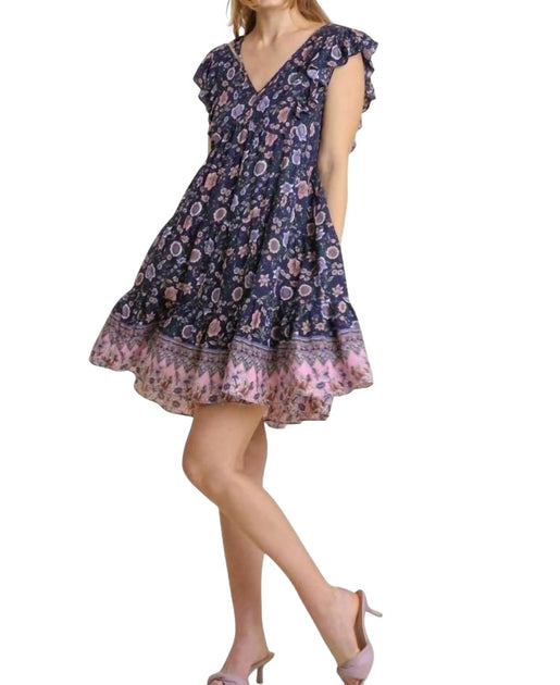 Umgee Mixed Print Tiered Dress Purple Large 2