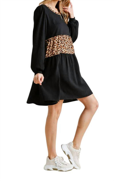 Umgee Textured Babydoll Dress with Leopard Trim main image 1