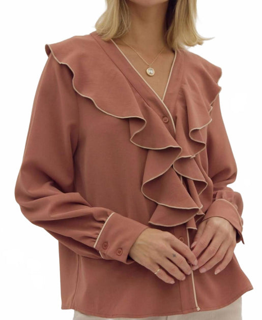 entro Ruffle Blouse Brown Large 2