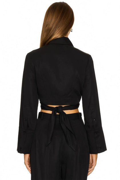 Matthew Bruch Collared Long Sleeve Wrap Top Black US 4 4