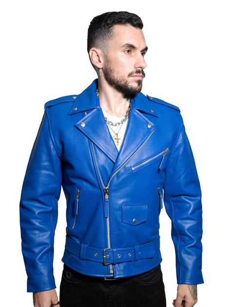 Infinity Mens Cow-Hide Black Brando Jacket Venice Blue Medium 2