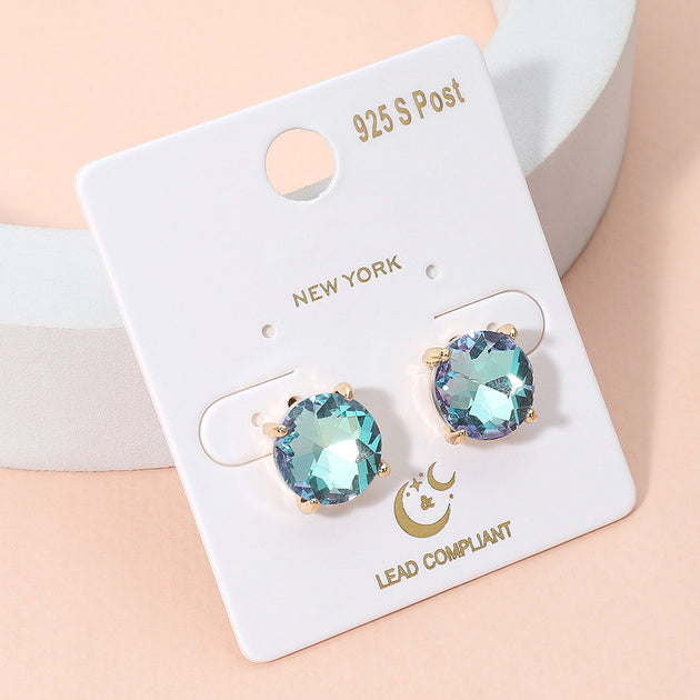 FASHNZFAB Round Stone Cushion Stud Earrings Blue 6
