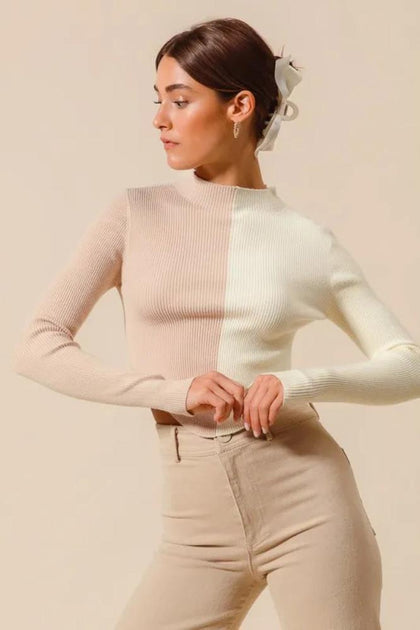TRUEDAMES Color Block Crop Sweater Beige Small 4