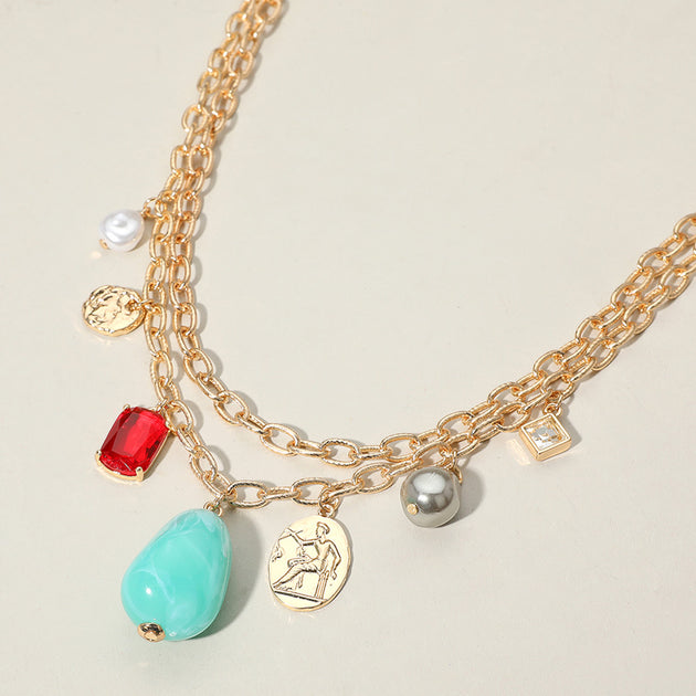 FASHNZFAB Blaue Doppellagige Charm-Anhangerkette 3