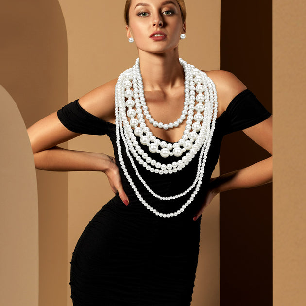 FASHNZFAB Chunky Pearl Beaded Statement Necklace White 4