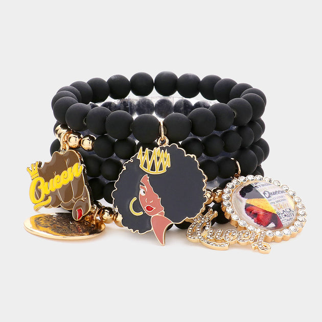 FASHNZFAB Queen Message Afro Girl Charm Beaded Stretch Bracelet Set Black One Size 2