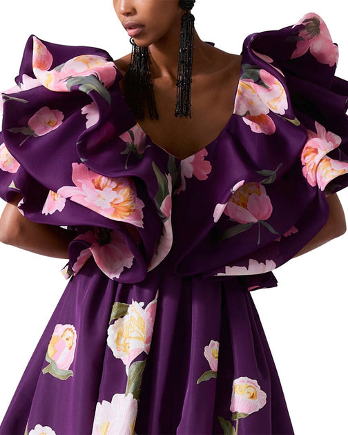 Carolina Herrera V-Neck Folded Ruffle Silk Top Purple US 4 2