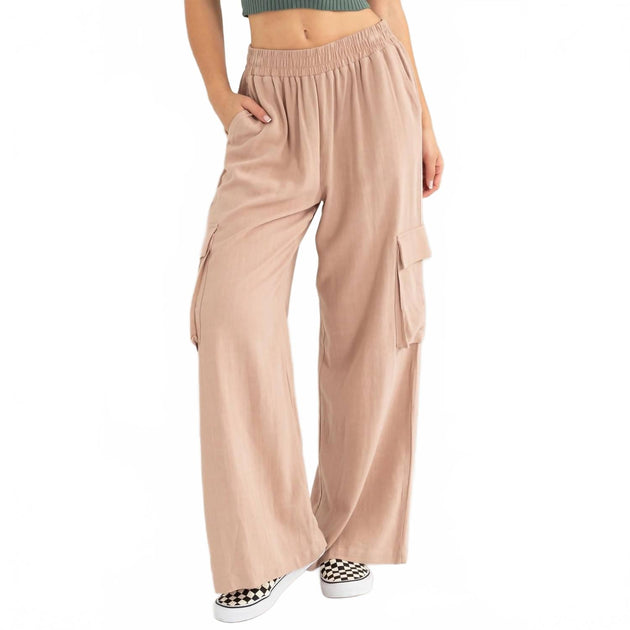 RISEN High Rise Linen Wide Cargo Pants Brown XL 3