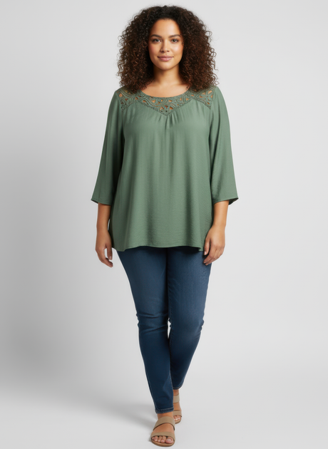 TRUEDAMES Lace Yoke Bell Sleeve Knit Tunic White 2X 2