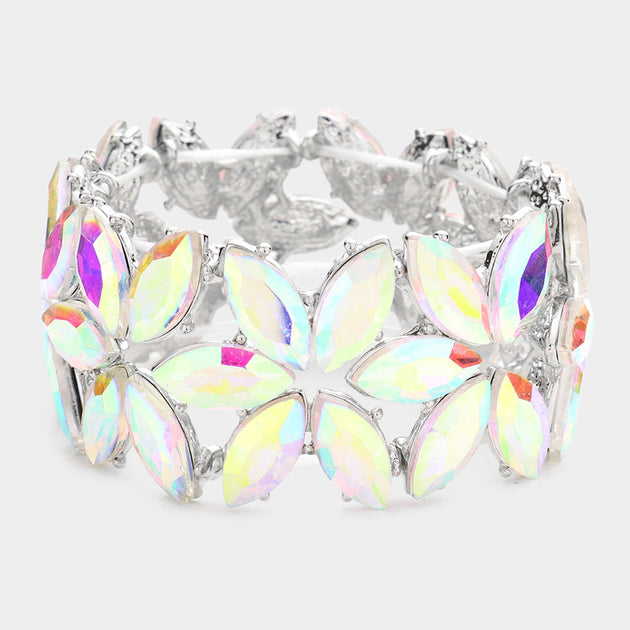 FASHNZFAB Floral Marquise Stone Cluster Stretch Bracelet Silver One Size 3