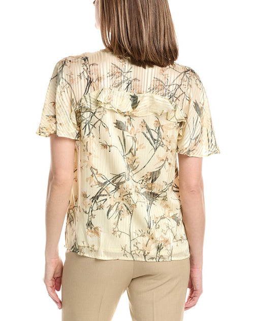 Anne Klein Ruffle V-Neck Printed Chiffon Blouse Beige Medium 3