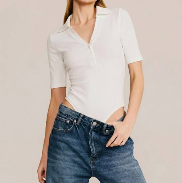 Belle D'Amour Short Sleeve Collared Bodysuit White Large 2