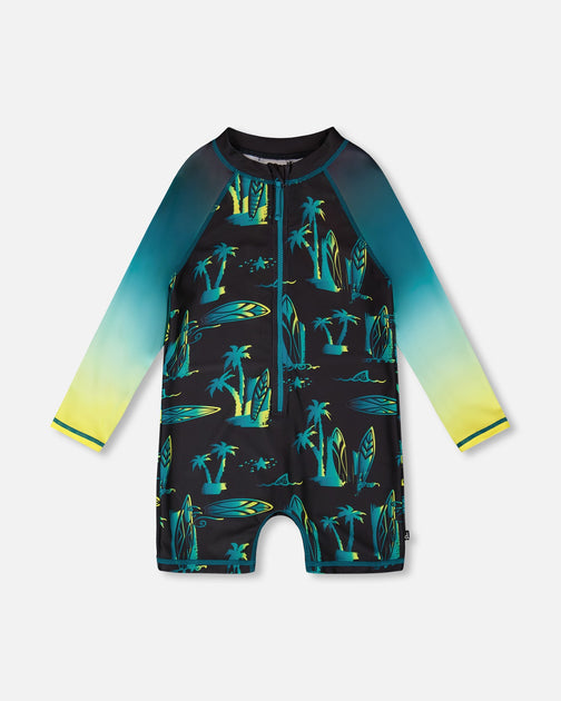 Deux par Deux One-Piece Long Sleeve Rashguard Black Surf Print US 3T 2