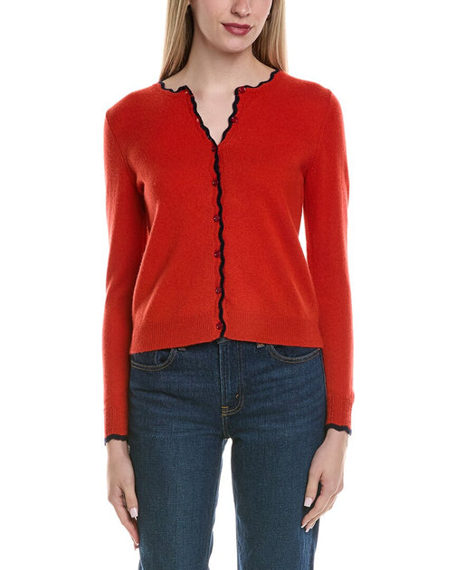 sofiacashmere Tipped Scallop Wool & Cashmere-Blend Cardigan Red Small 2