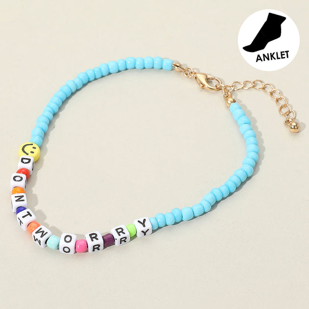 FASHNZFAB Smile Dont Worry Message Charm Beaded Anklet Turquoise Blue 2