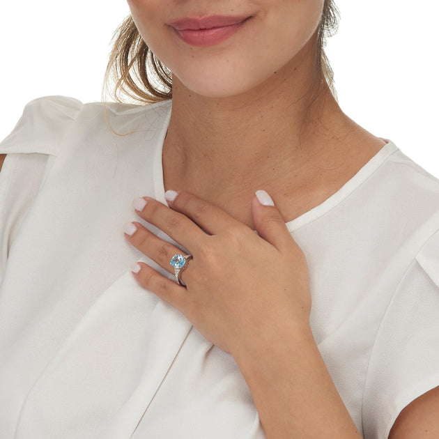 Palm Blue Topaz and CZ Sterling Silver Ring Blue US 6 4