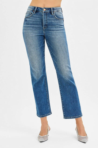 RISEN Tummy Control High Rise Crop Straight Leg Jeans Blue 25 2