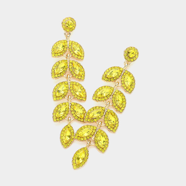 FASHNZFAB Marquise Stone Cluster Vine Dangle Earrings Gold Yellow Green 2