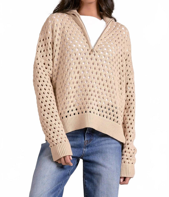 ELAN Half Zip Open Knit Pullover Sweater Beige Small 2