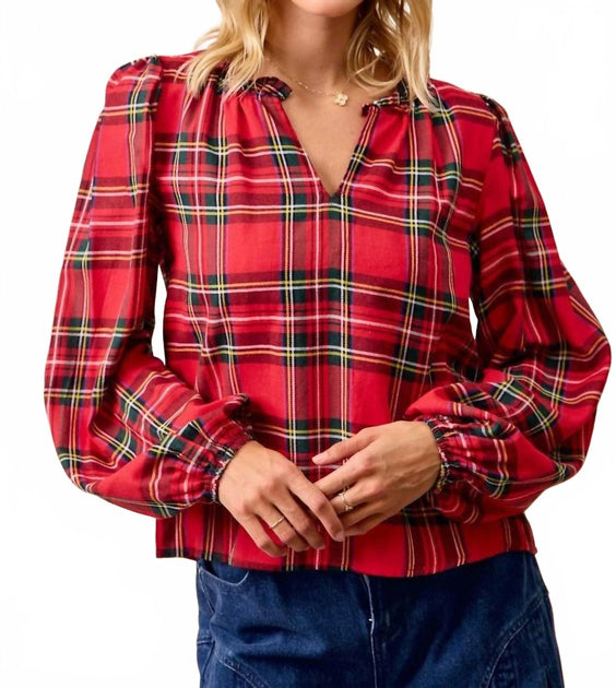 BiBi Christmas Plaid Balloon Sleeve Top Red Small 2