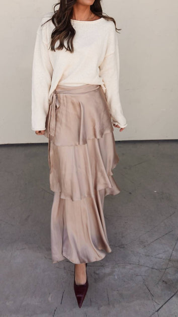 EN CREME Tiered Satin Maxi Skirt Beige Small 4